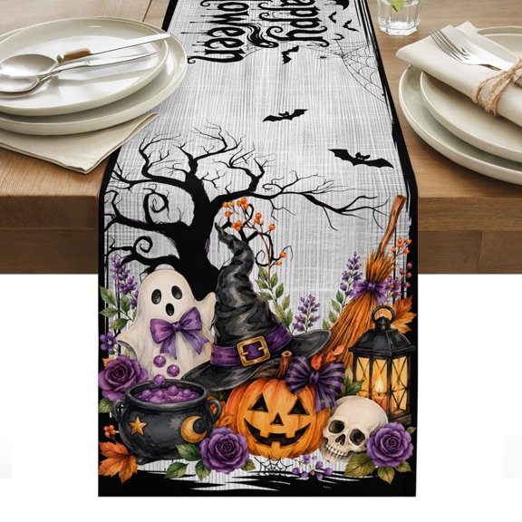 Halloween Table Runner, Fall Fantasy Ghosts Wizard Hats Spiderwebs Bubbling Potions Washable Kitchen Table Runners for Dining Table Decorations Party/Restaurant/Indoor Outdoor Use, 13x36in