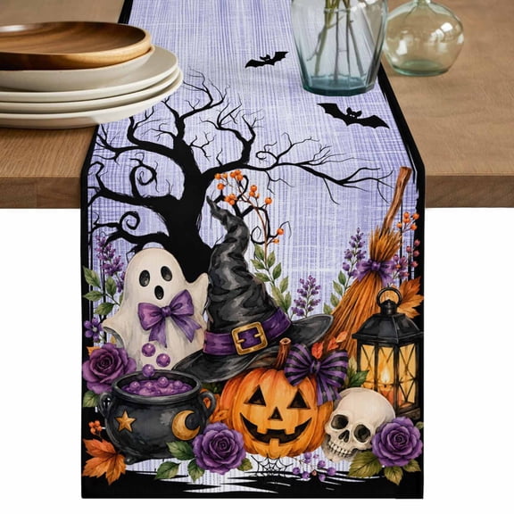 Halloween Table Runner, Fall Fantasy Ghosts Wizard Hats Spiderwebs Skull Rose Purple Cotton Linen Table Cloth, Tablerunner for Kitchen Dining Party Wedding Home Decor 13x36 Inch