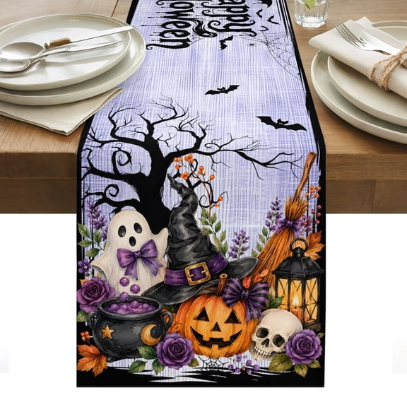 Halloween Table Runner, Fall Fantasy Ghosts Wizard Hats Spiderwebs Skull Rose Purple Washable Kitchen Table Runners for Dining Table Decorations Party/Restaurant/Indoor Outdoor Use, 13x36in
