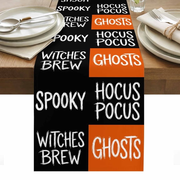 Halloween Table Runner Fall Horror Letters Spooky Ghosts Black Orange Tablerunners 16 x 72 Inch, Table Decorations Tabletop Scarf for Summer Gathering Holiday Farmhouse Kitchen Dining Decor