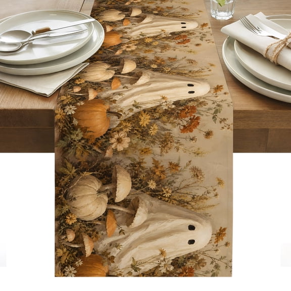 Halloween Table Runner, Fall Sheet Ghost Mystical Pumpkin Wildflowers Dried Grass Washable Kitchen Table Runners for Dining Table Decorations Party/Restaurant/Indoor Outdoor Use, 13x120in