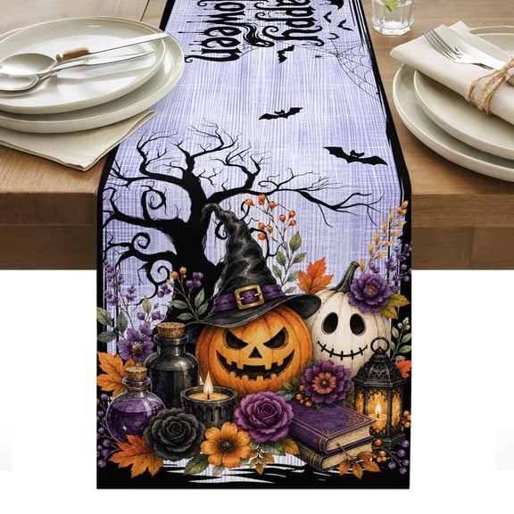Halloween Table Runner, Fall Vintage Ghosts Witch Hat Pumpkin Purple Rose Goth Washable Kitchen Table Runners Dress Scarves for Dining Table Decorations Party/Restaurant/Indoor Outdoor Use, 13x72in