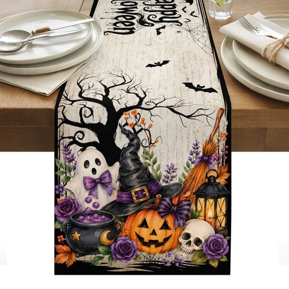 Halloween Table Runner, Fall Vintage Ghosts Wizard Hats Spiderwebs Bubbling Potions Washable Kitchen Table Runners for Dining Table Decorations Party/Restaurant/Indoor Outdoor Use, 13x36in