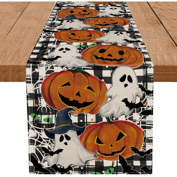 Halloween Table Runner Ghost Pumpkin Holiday Burlap Table Decoration Indoor Outdoor Home Decor Party Supply 13 x 108 Inch