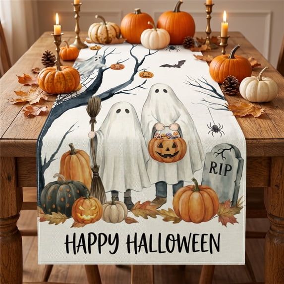 Halloween Table Runner Ghost Pumpkin Printed Decor, Spooky Holiday Dining Table Cover Linen Fabric Party Decoration, Halloween Kitchen Home Decor Runner for Fall Party