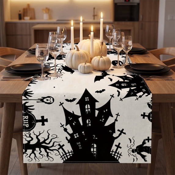 Halloween Table Runner Ghost Pumpkin Printed Decor, Spooky Holiday Dining Table Cover Linen Fabric Party Decoration, Halloween Kitchen Home Decor Runner for Fall Party