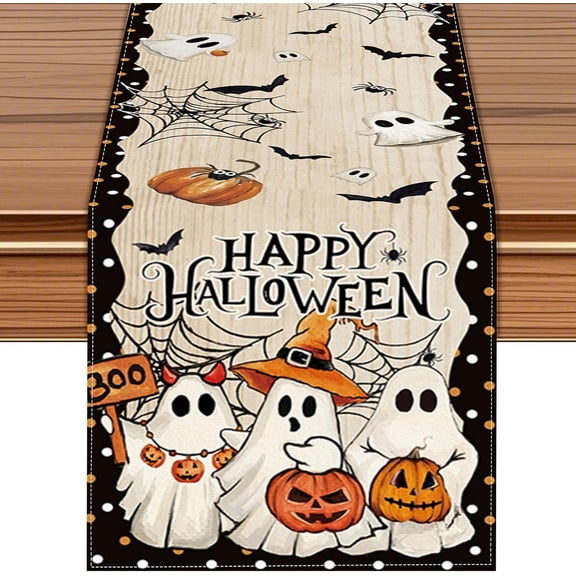 Halloween Table Runner with Ghost Pumpkin Spider Web, 72x13 in | Bats & Spider Design, Black & Orange Theme, Dining Table Decor, Polka Dot Border, Holiday Party Decor