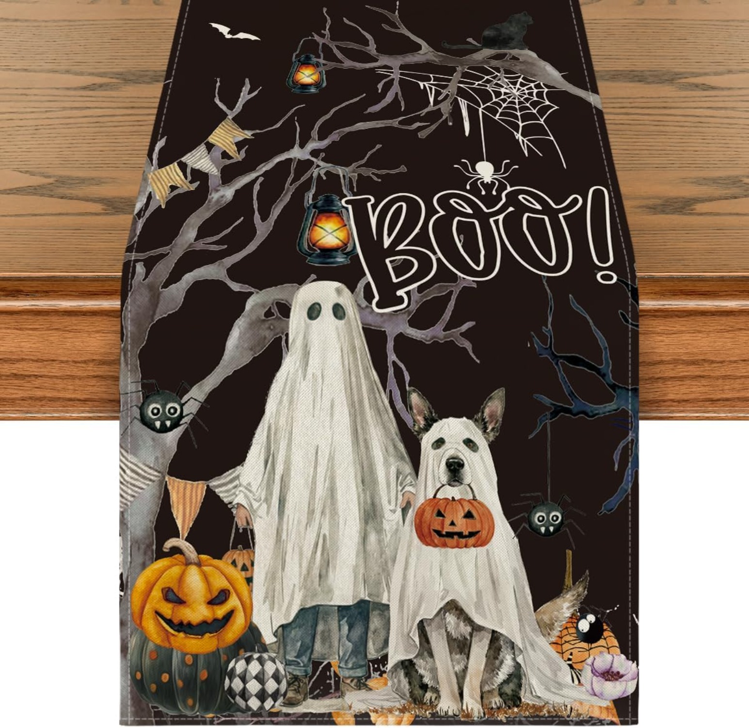Halloween Table Runner Ghost Pumpkins Tree Dog Boo Table Running Fabric ...