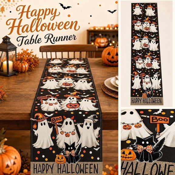 Halloween Table Runner with Ghosts Pumpkins, Happy Halloween Dark Background Print, Lightweight Non-Slip Fabric for Dining Table Kitchen Island Fall Party