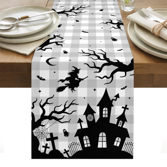 Halloween Table Runner, Goth Flying Witch Haunted Castle Tree Silhouette Gray Plaid Washable Kitchen Table Runners for Dining Table Decorations Party/Restaurant/Indoor Outdoor Use, 13x36in