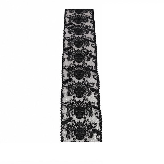 Halloween Table Runner Gothic Skull Floral Cutout Black Lace Centerpiece for Dining Table Mantel Decor, Reusable Polyester 12x17.7 Inch