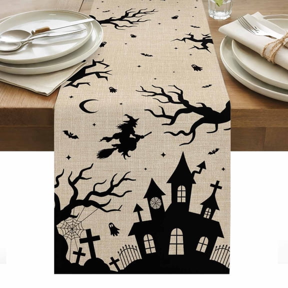 Halloween Table Runner Horror Spooky Witch Bats Haunted-House Beige Tablerunners 16 x 72 Inch, Table Decorations Tabletop Scarf for Summer Gathering Holiday Farmhouse Kitchen Dining Decor