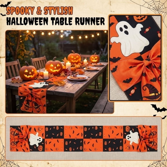 Halloween Table Runner Kitchen Dining Decor 71X13 Inches Farmhouse Linen Textured Spooky Season Party Table Runner Dresser Scarf Style C