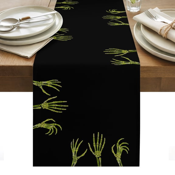 Halloween Table Runner, Lime Green Horror Spooky Skeleton Hands Black Washable Kitchen Table Runners Dress Scarves for Dining Table Decorations Party/Restaurant/Indoor Outdoor Use, 13x36in