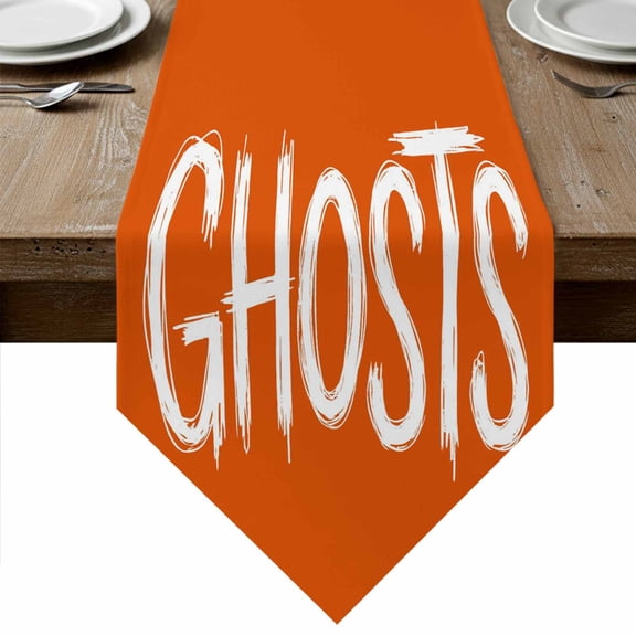Halloween Table Runner Linen Burlap Table Runner 36 Inches Small Fall Spooky Horror Letters Ghosts Orange Dresser Scarves for Kitchen Island Coffee Dining Room Party Wedding Holiday Decor 13"x36"