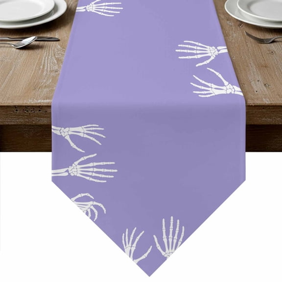 Halloween Table Runner Linen Burlap Table Runner 36 Inches Small Purple Farmhouse Spooky Skeleton Hands Dresser Scarves for Kitchen Island Coffee Dining Room Party Wedding Holiday Decoration 13"x36"