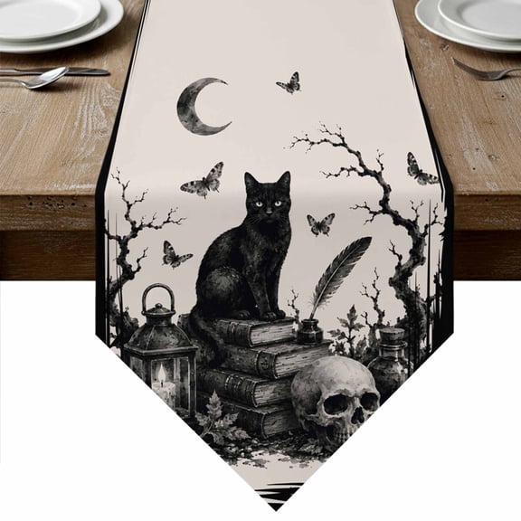 Halloween Table Runner Linen Burlap Table Runner 36 Inches Small Rustic Horror Skeleton Cats Buttterfly Skull Black Dresser Scarves for Kitchen Island Coffee Dining Room Party Holiday Decor 13"x36"