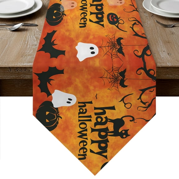 Halloween Table Runner Linen Burlap Table Runner 36 Inches Small Spooky Autumn Orange Cat Pumpkins Dresser Scarves for Kitchen Island Coffee Dining Room Party Wedding Holiday Decoration 13"x36"