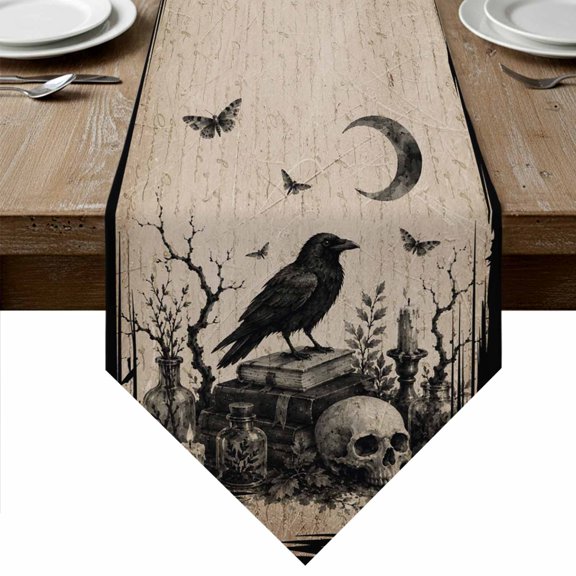 Halloween Table Runner Linen Burlap Table Runner 60 Inches Long Horror Skulls Bones Black Crow Spooky Rustic Beige Dresser Scarves for Kitchen Island Coffee Dining Room Party Holiday Decor 13"x60"