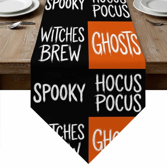 Halloween Table Runner Linen Burlap Table Runner 90 Inches Long Fall Horror Letters Spooky Ghosts Black Orange Dresser Scarves for Kitchen Island Coffee Dining Room Party Holiday Decor 13"x90"