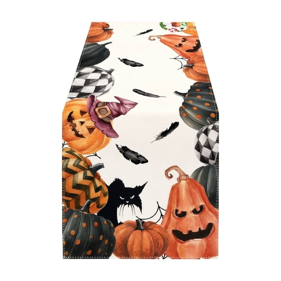 Halloween Table Runner Linen Pumpkin and Black Cat Pattern Holiday Tablecloth 72 X 13 Inches for Fireplace Tv Stand Dining Coffee Table Decor