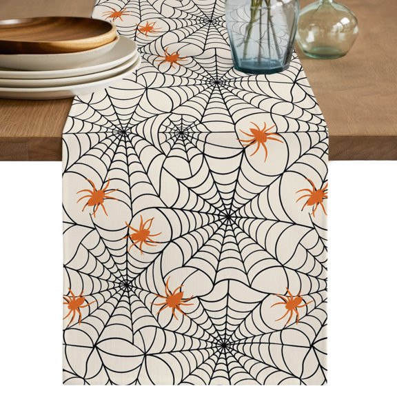 Halloween Table Runner, Minimalist Orange Creeper Black Cobweb Horror Beige Cotton Linen Table Cloth, Tablerunner for Kitchen Dining Party Wedding Home Decor 13x36 Inch