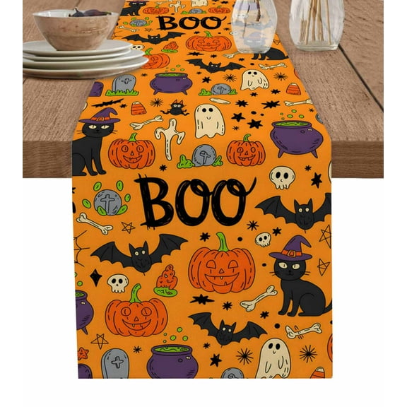 Halloween Table Runner Orange Cartoon Pumpkin Cat Star Bat Ethnic Tablerunners 14 x 72 Inch, Table Decorations Tabletop Scarf for Summer Gathering Holiday Farmhouse Kitchen Dining Decor