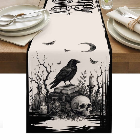 Halloween Table Runner, Perched Black Ravens Goth Skull Dark Academia Mystical Study Washable Kitchen Table Runners for Dining Table Decorations Party/Restaurant/Indoor Outdoor Use, 13x36in