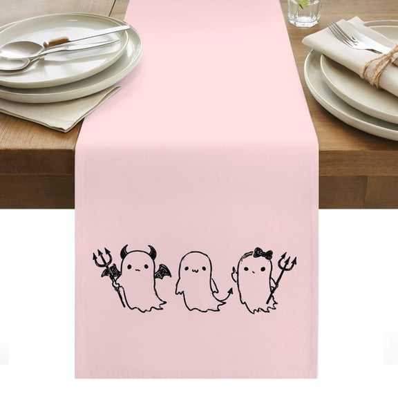 Halloween Table Runner, Pink Cartoon Line Spooky Devil Ghosts Minimalist Washable Kitchen Table Runners Dress Scarves for Dining Table Decorations Party/Restaurant/Indoor Outdoor Use, 13x72in