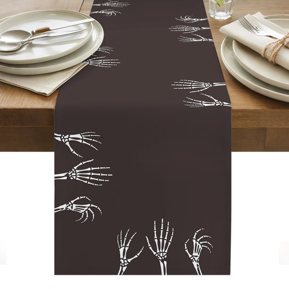 Halloween Table Runner, Playful White Horror Spooky Skeleton Hands Brown Background Washable Kitchen Table Runners for Dining Table Decorations Party/Restaurant/Indoor Outdoor Use, 13x36in