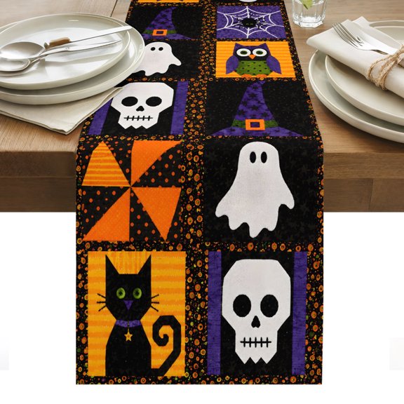 Halloween Table Runner, Retro Spooky Black Cat Skull Witch Hat Spiderweb Candy Corn Washable Kitchen Table Runners for Dining Table Decorations Party/Restaurant/Indoor Outdoor Use, 13x60in