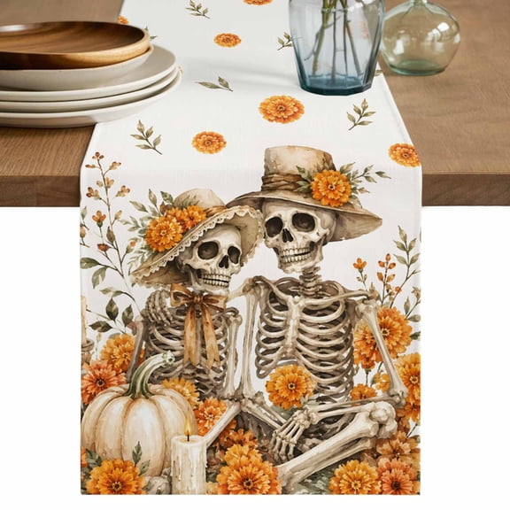Halloween Table Runner, Skeleton Skull Pumpkins Orange Florals Washable Cotton Linen Table Runners 36 Inches Long, Dresser Scarf Runner for Nightstand/End Tables/Round Tables 13''x36''