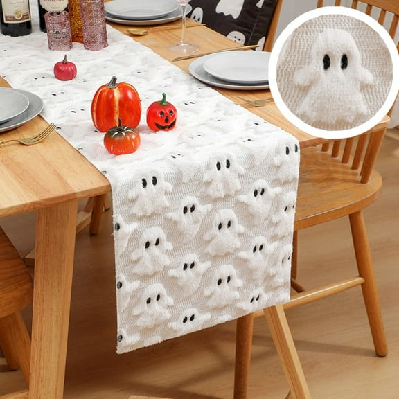 Halloween Table Runner Soft Plush Fur Jacquard Ghost, Halloween Decorations for Home, Dinner Table, Halloween Tablecloth Party Decor - 13x36 Inch