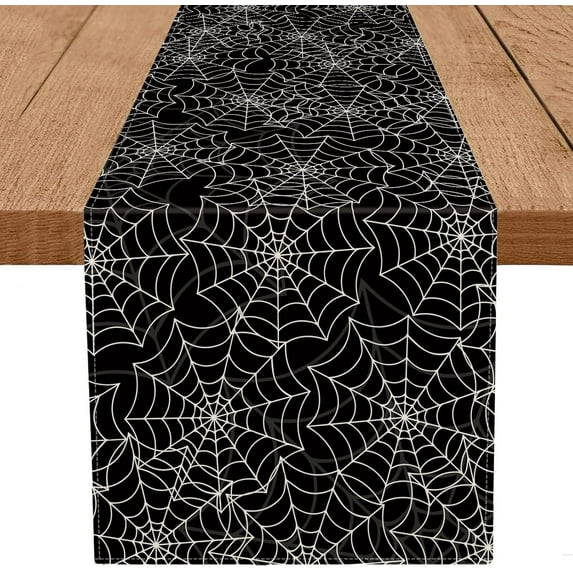 Halloween Table Runner Spider Web Black Linen Table Runners for Seasonal Holidays Indoor Outdoor Kitchen Dining Party Home Decor 13 x 36 Inch