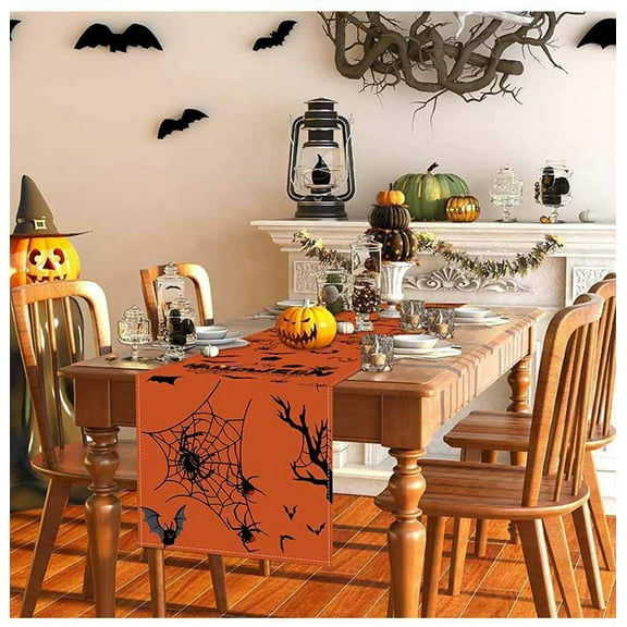 Halloween Table Runner Spider Web Design Linen Tablecloth for Dining Kitchen Table Decor Holiday Party Supplies Home Decorations 13x72 Inches