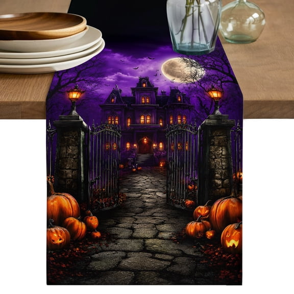 Halloween Table Runner, Spooky Haunted Castle Pumpkin Full Moon Dark Fantasy Cotton Linen Table Cloth, Tablerunner for Kitchen Dining Party Wedding Home Decor 13x36 Inch