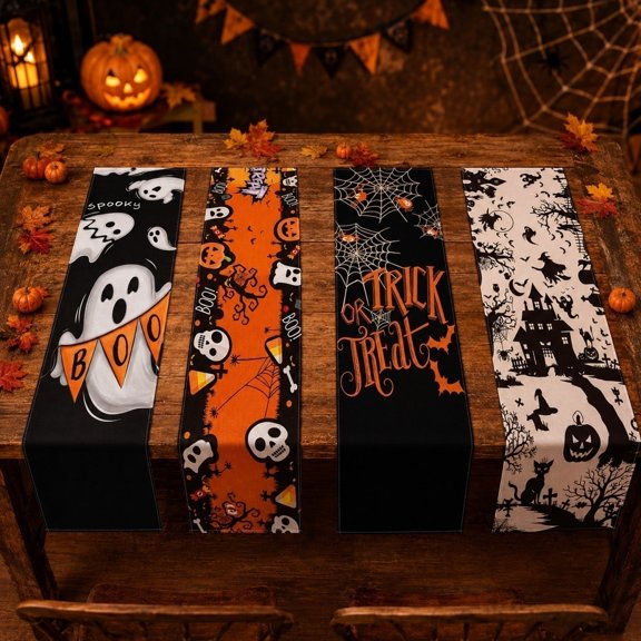 Halloween Table Runner, Spooky Pumpkin Ghost Print, Skull Bat Spider Pattern, Festive Fabric Decor, Classic Kitchen Ornament, Perfect for Dining Table, Home Interior and Halloween Party Decoration, A