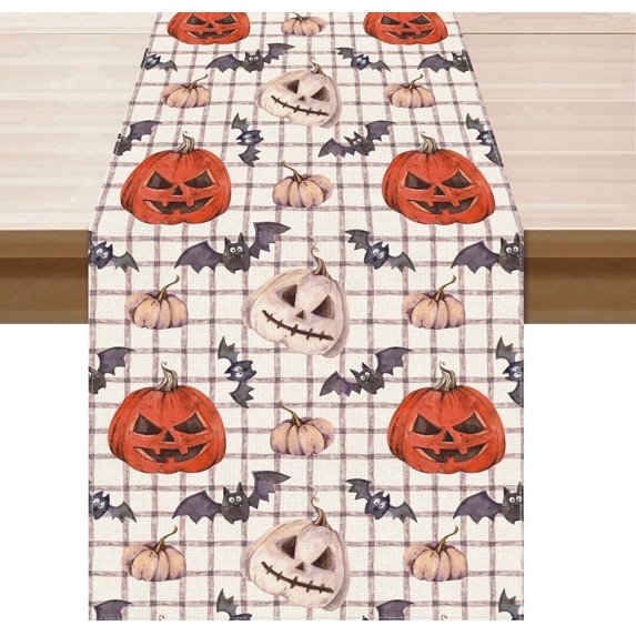 Halloween Table Runner Spooky Pumpkin Plaid Stripes Watercolor Burlap Table Decoration for Home Kitchen Dining Dinner Indoor Holiday Farmhouse Decor 13x48 Inch