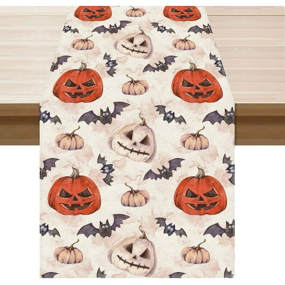 Halloween Table Runner Spooky Pumpkin Watercolor Burlap Table Decoration for Home Kitchen Dining Dinner Indoor Holiday Farmhouse Decor 13x36 Inch