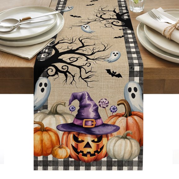 Halloween Table Runner, Vintage Pumpkin Goth White Ghost Gingham Country Tree Khaki Washable Kitchen Table Runners for Dining Table Decorations Party/Restaurant/Indoor Outdoor Use, 13x70in