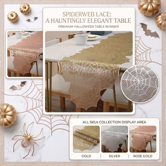 Halloween Table Runner, Web Table Runner, Rose Gold Table Decor for Party, 14 Inch Hollow Lace Web Halloween Table Decor, Lightweight Metallic Cut-Out Halloween Table Cover for