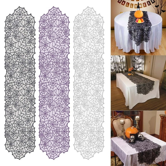 Halloween Table Runner, White Lace Spider Web Table Runner for Halloween Masquerade Scary Movie Nights, 13x72 Inch