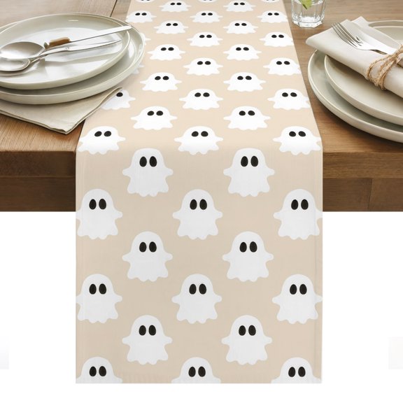 Halloween Table Runner, White Spooky Ghosts Minimalist Beige Background Washable Kitchen Table Runners Dress Scarves for Dining Table Decorations Party/Restaurant/Indoor Outdoor Use, 13x48in