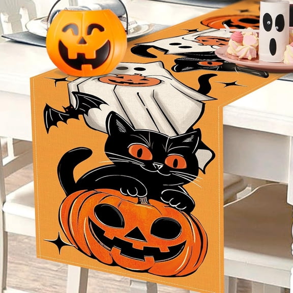 Halloween Table Runner with Intricate Spooky Designs for Halloween Decor/Party Table Decoration - 13x72 Inch (Pumpkin)