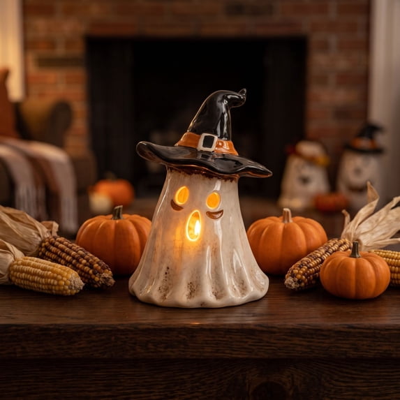 Halloween Table Spooky Home Decor, Exquisite Witch Hat Ghost Candle Holder with Stylish Edges Fade-Proof Resin for Halloween Parties, Porch Decor, Haunted Mansion Decor