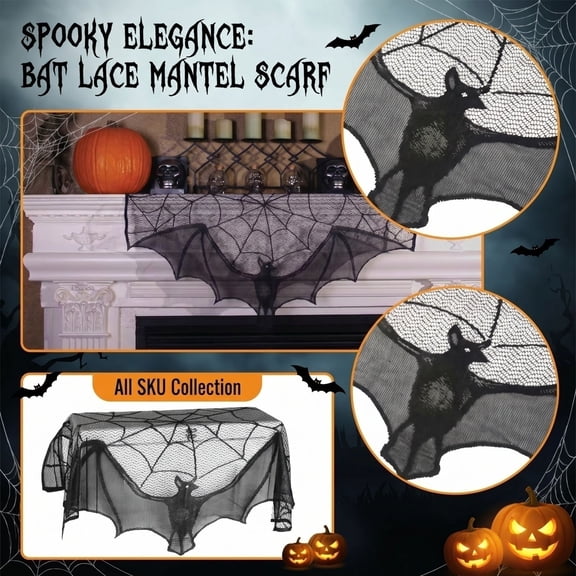Halloween Tablecloth, 100X110Cm Black Lace Tablecloth, Halloween Web Print Bat Design Cover, Spooky Halloween Indoor Table Decorations, Lightweight Black Sheer Fabric Throw for