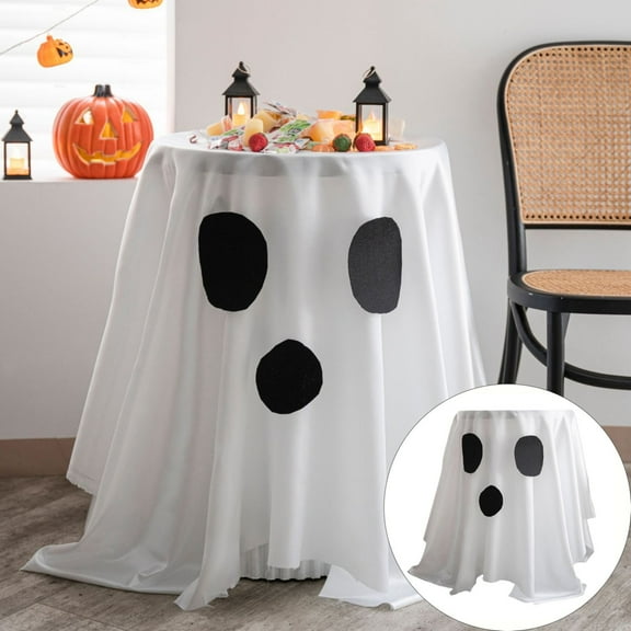 Halloween Tablecloth 150*200 Round Cute Ghost Pumpkin Vampire Bat Polyester Washable Table Cover for Halloween Party Decoration(White,Ghost)