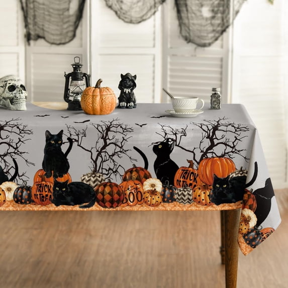 Halloween Tablecloth 52×70 Inch Rectangular, Buffalo Plaid Pumpkin Moon Cat Washable Table Cover for Party Picnic Dinner Decor