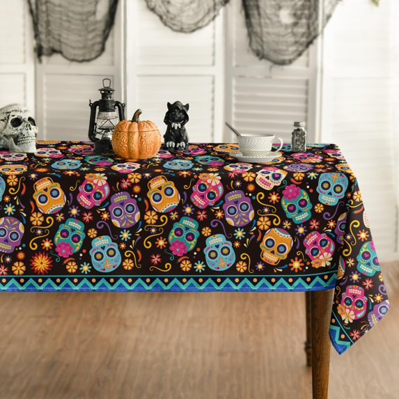 Halloween Tablecloth 52×70 Inch Rectangular, Dia de Muertos Mexico Day of The Dead Sugar Skulls Flower Washable Table Cover for Party Picnic Dinner Decor