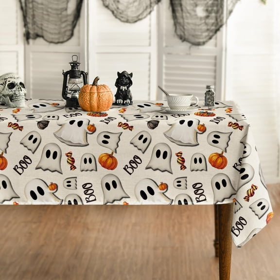 Halloween Tablecloth 52×70 Inch Rectangular, Ghost Pumpkin Candy Washable Seasonal Table Cover for Party Picnic Dinner Decor